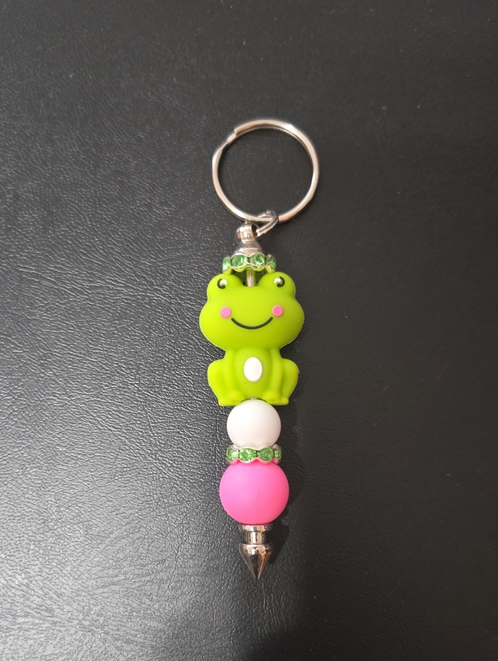 Cute Green Frog Keychain Toy with Pink and White Beads